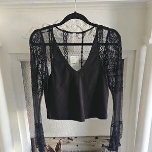 FREE PEPPLE Elegant Black Lace Sleeve Top